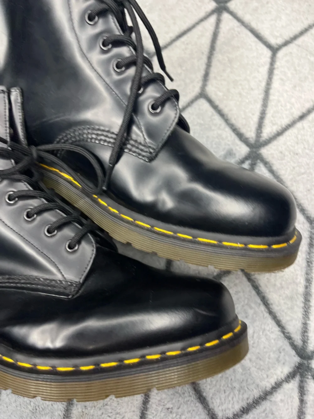 Dr. Martens Black Smooth Leather Lace Up 8-Eye Boots w Yellow Stitching